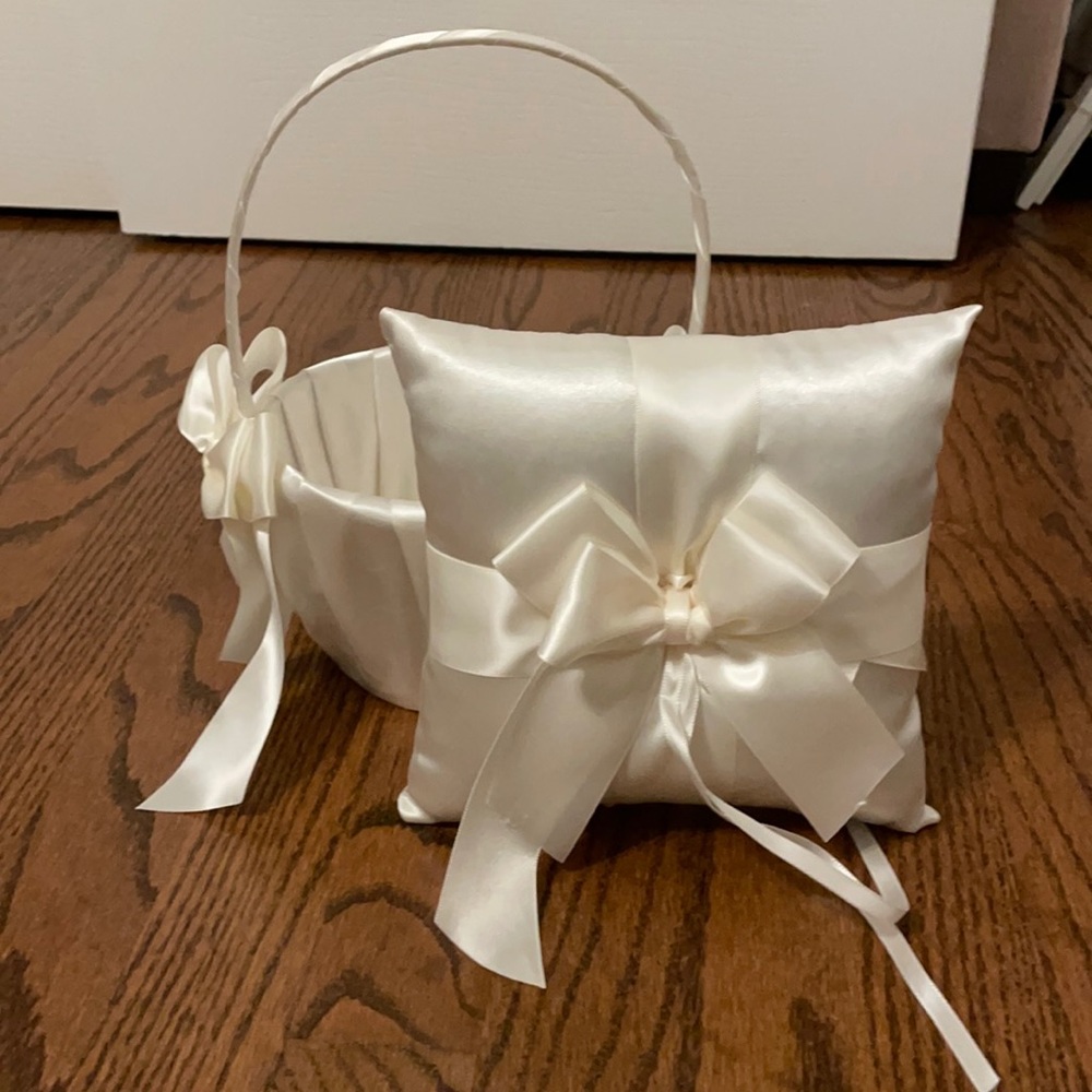 Ivory Satin Flower Girl Basket & Ring Pillow